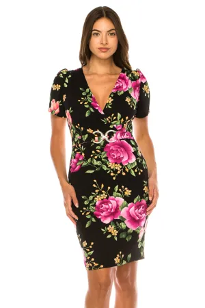 Women's V-neck Sheath Dress with Buckle Accent and Puff Sleeves - Elegant Office to Even