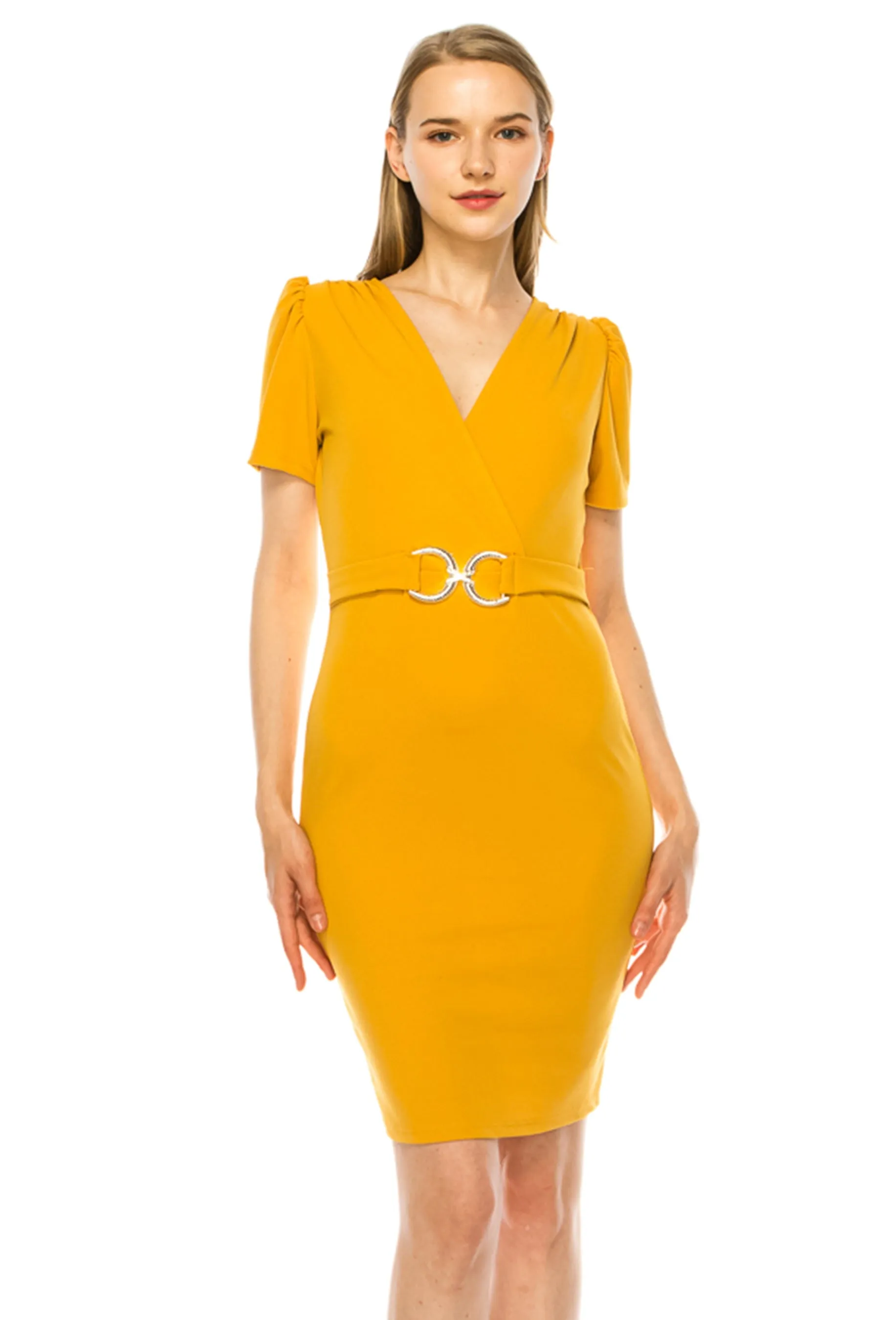 Women's V-neck Sheath Dress with Buckle Accent and Puff Sleeves - Elegant Office to Even