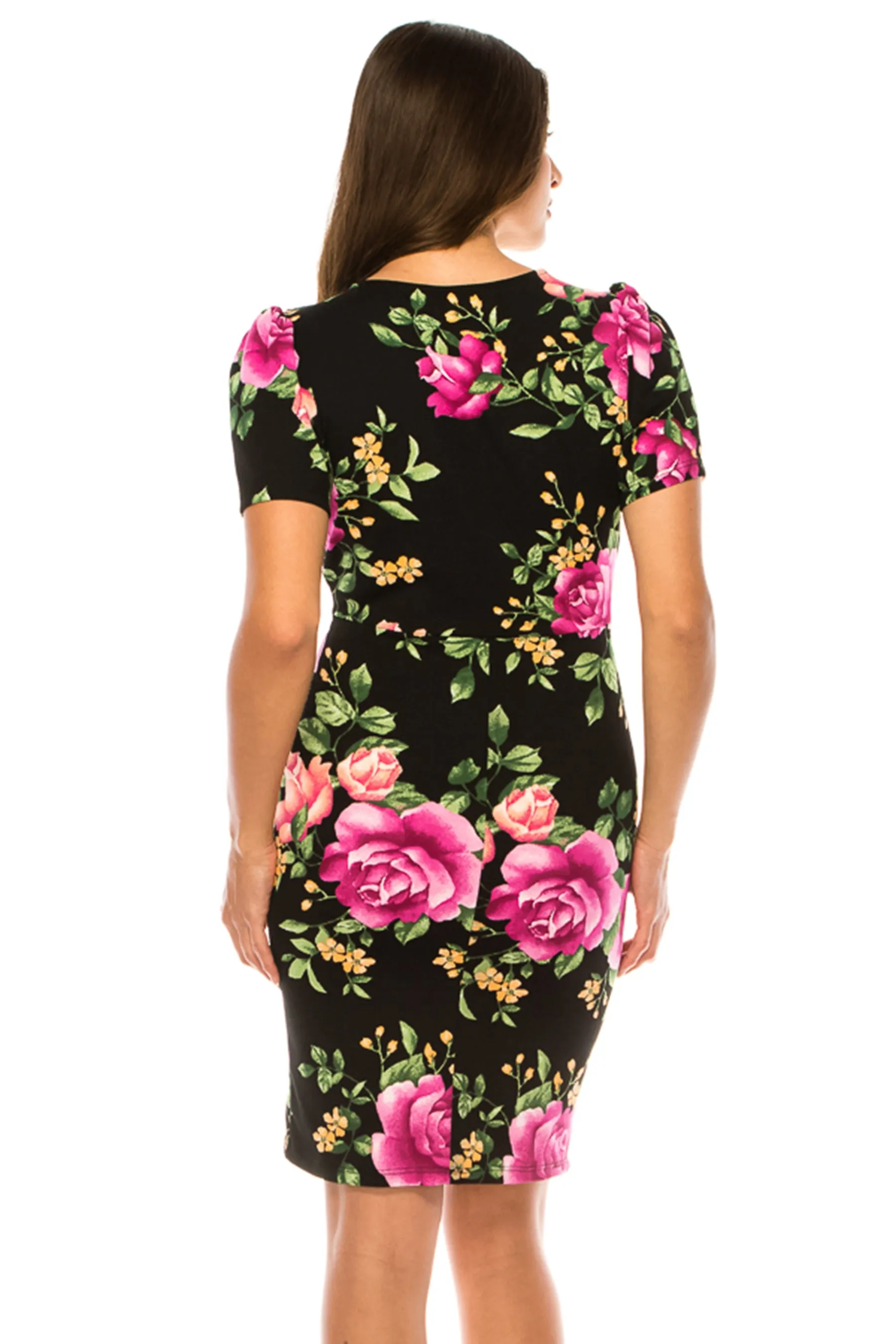 Women's V-neck Sheath Dress with Buckle Accent and Puff Sleeves - Elegant Office to Even