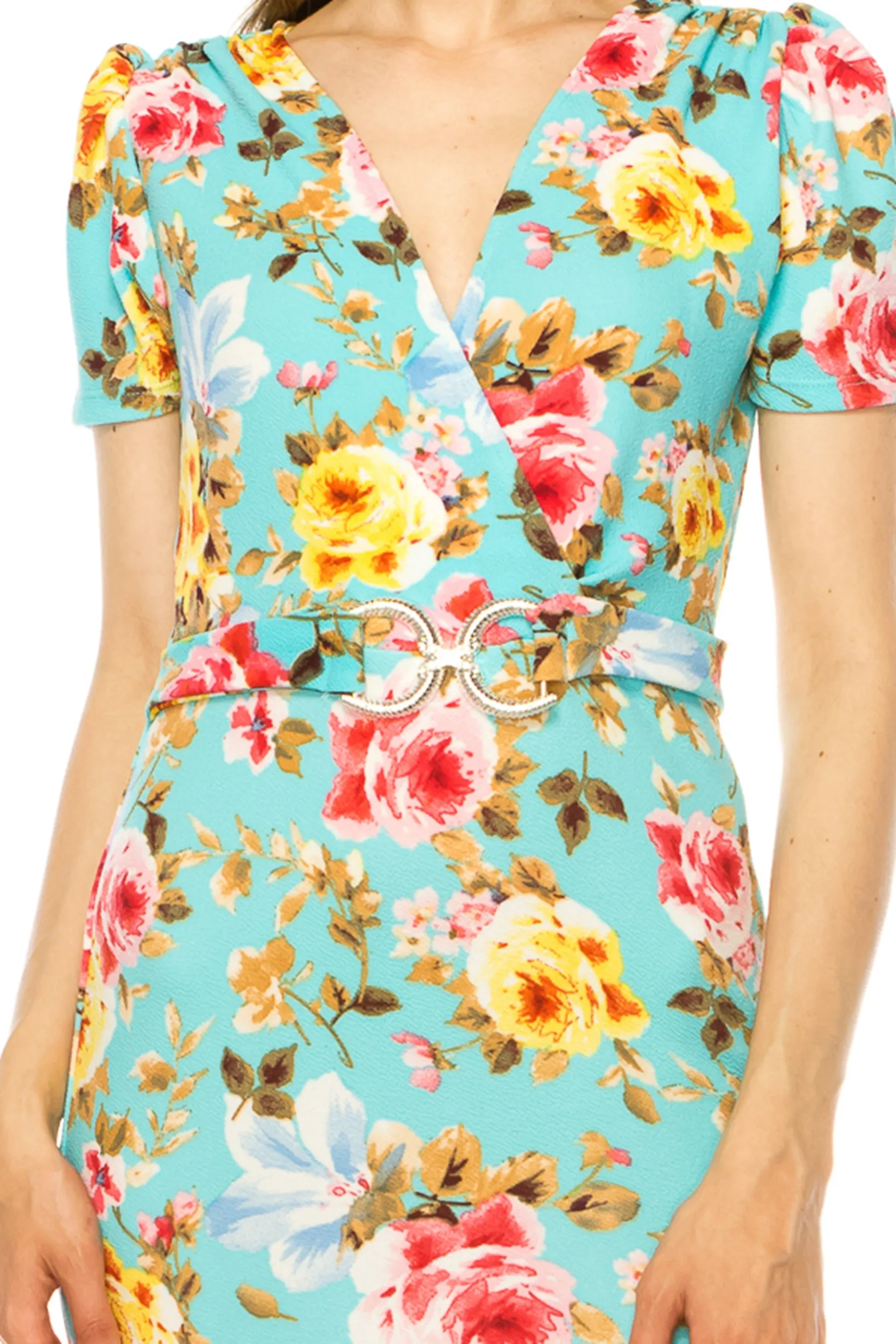 Women's V-neck Sheath Dress with Buckle Accent and Puff Sleeves - Elegant Office to Even