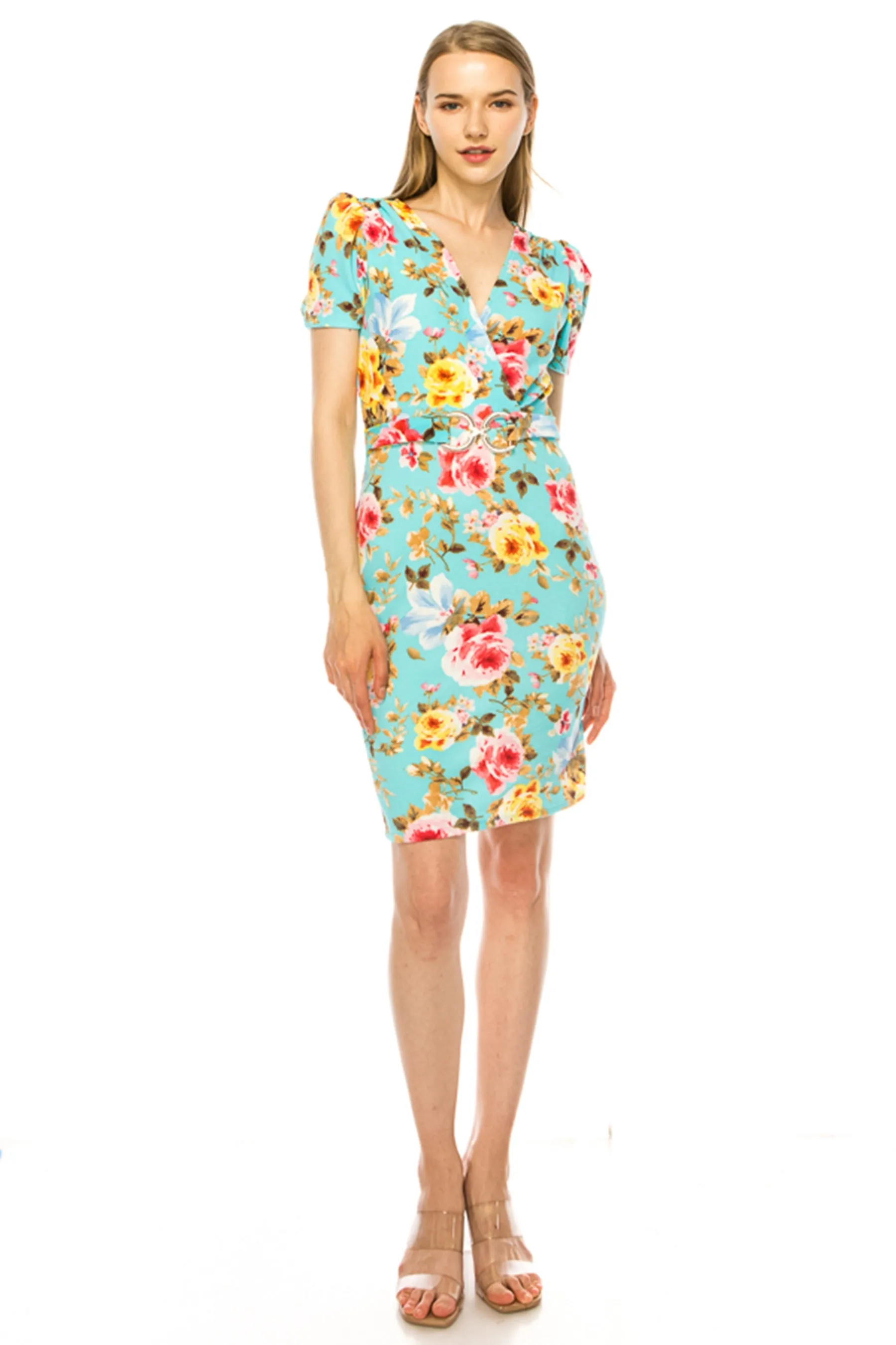 Women's V-neck Sheath Dress with Buckle Accent and Puff Sleeves - Elegant Office to Even