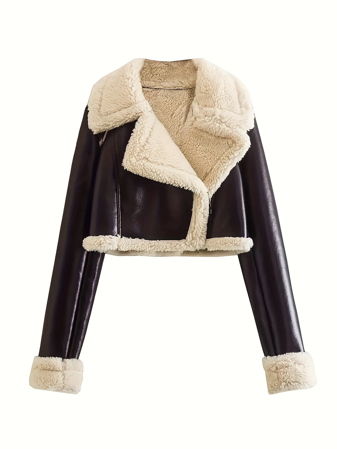 Womens Winter Warm Faux Leather Cropped Fleece Jacket