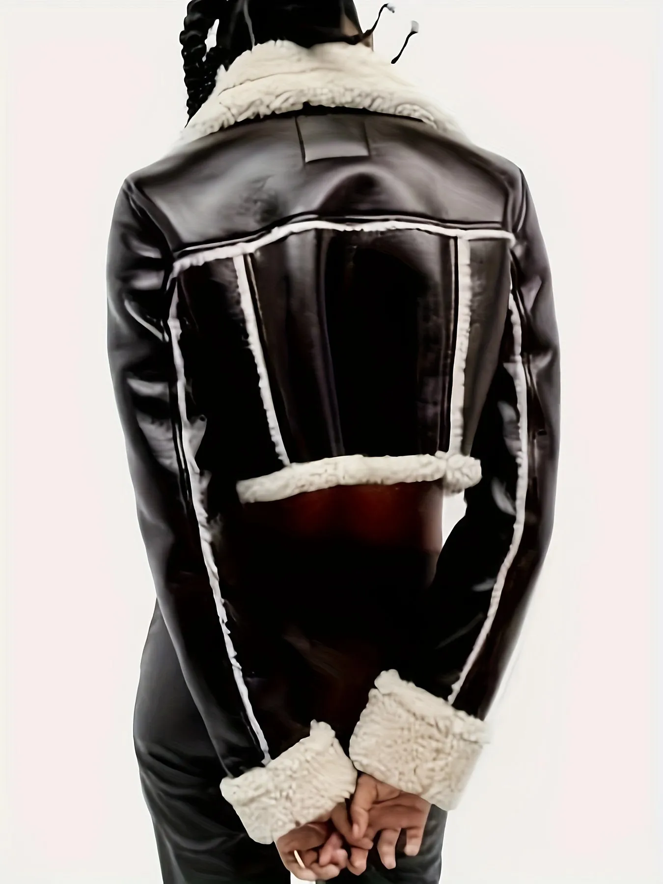 Womens Winter Warm Faux Leather Cropped Fleece Jacket