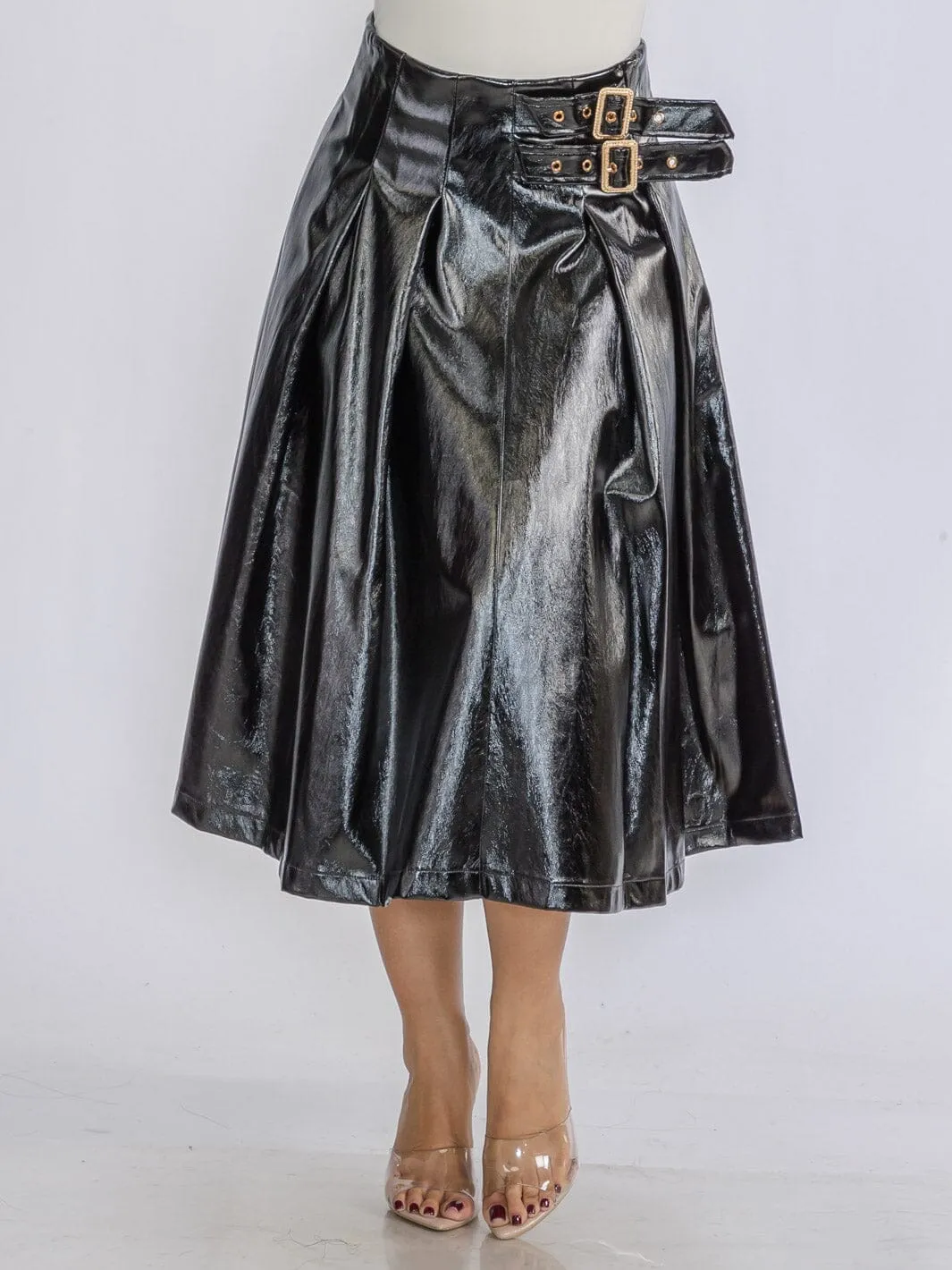WOMEN'S ZIP UP FRONT BELT DETAILED PU PLEATHER MIDI SKIRT