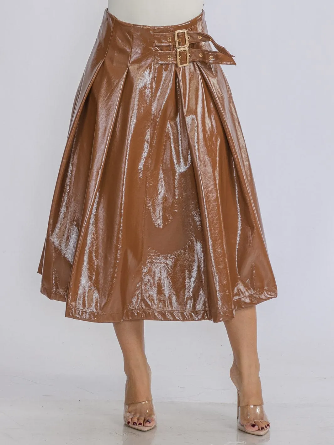 WOMEN'S ZIP UP FRONT BELT DETAILED PU PLEATHER MIDI SKIRT