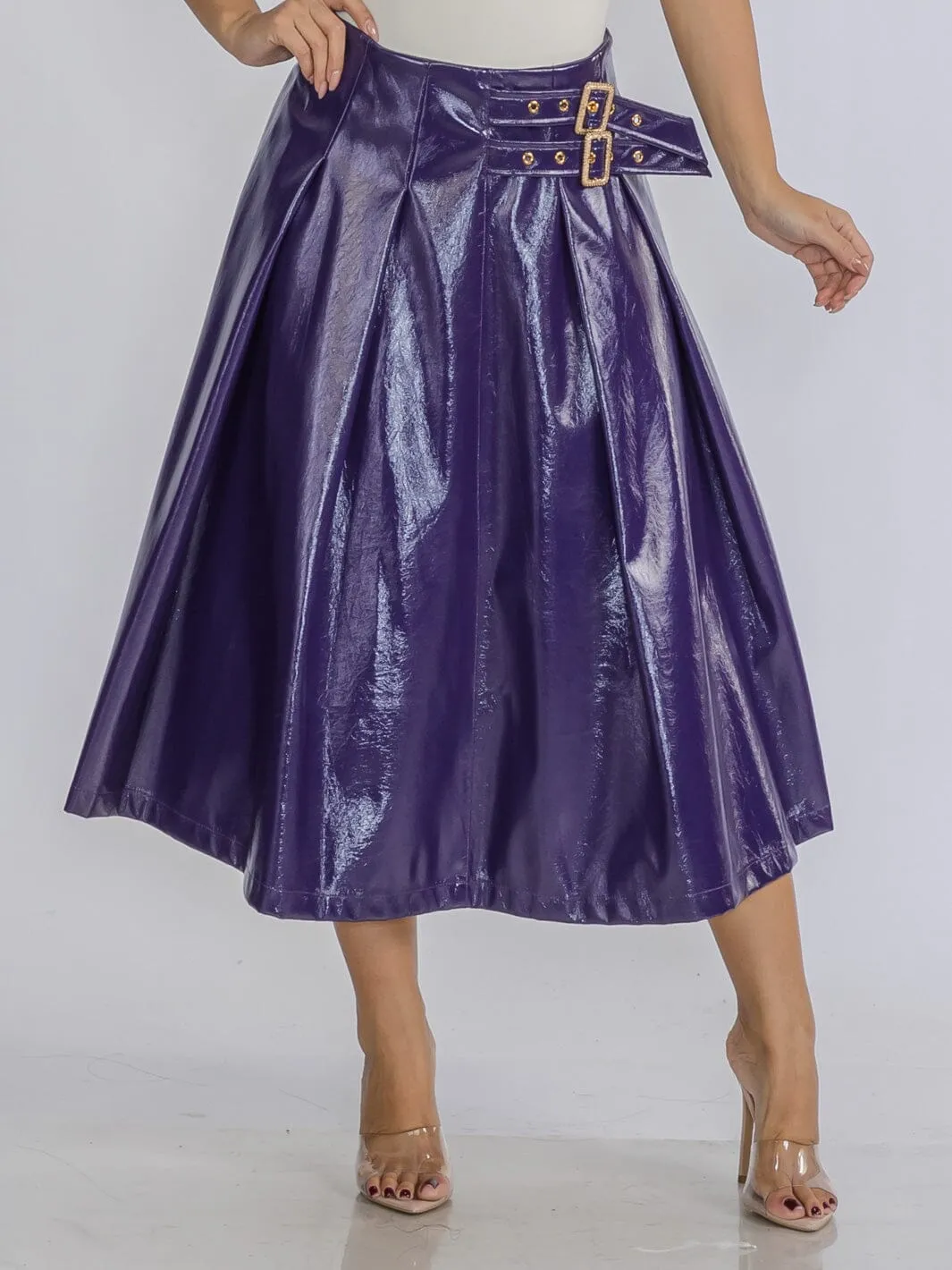 WOMEN'S ZIP UP FRONT BELT DETAILED PU PLEATHER MIDI SKIRT