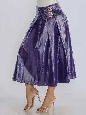 WOMEN'S ZIP UP FRONT BELT DETAILED PU PLEATHER MIDI SKIRT