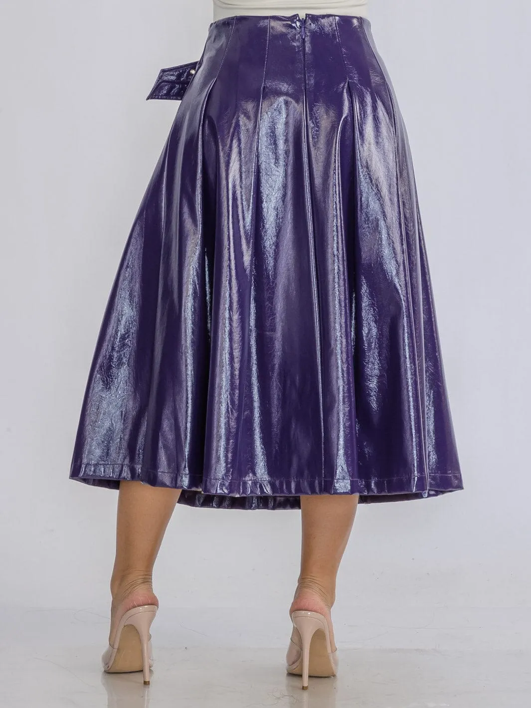 WOMEN'S ZIP UP FRONT BELT DETAILED PU PLEATHER MIDI SKIRT