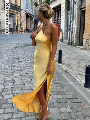 Yellow One Shoulder Sleeveless Sheath Side Slit Prom Dress,PDS11616