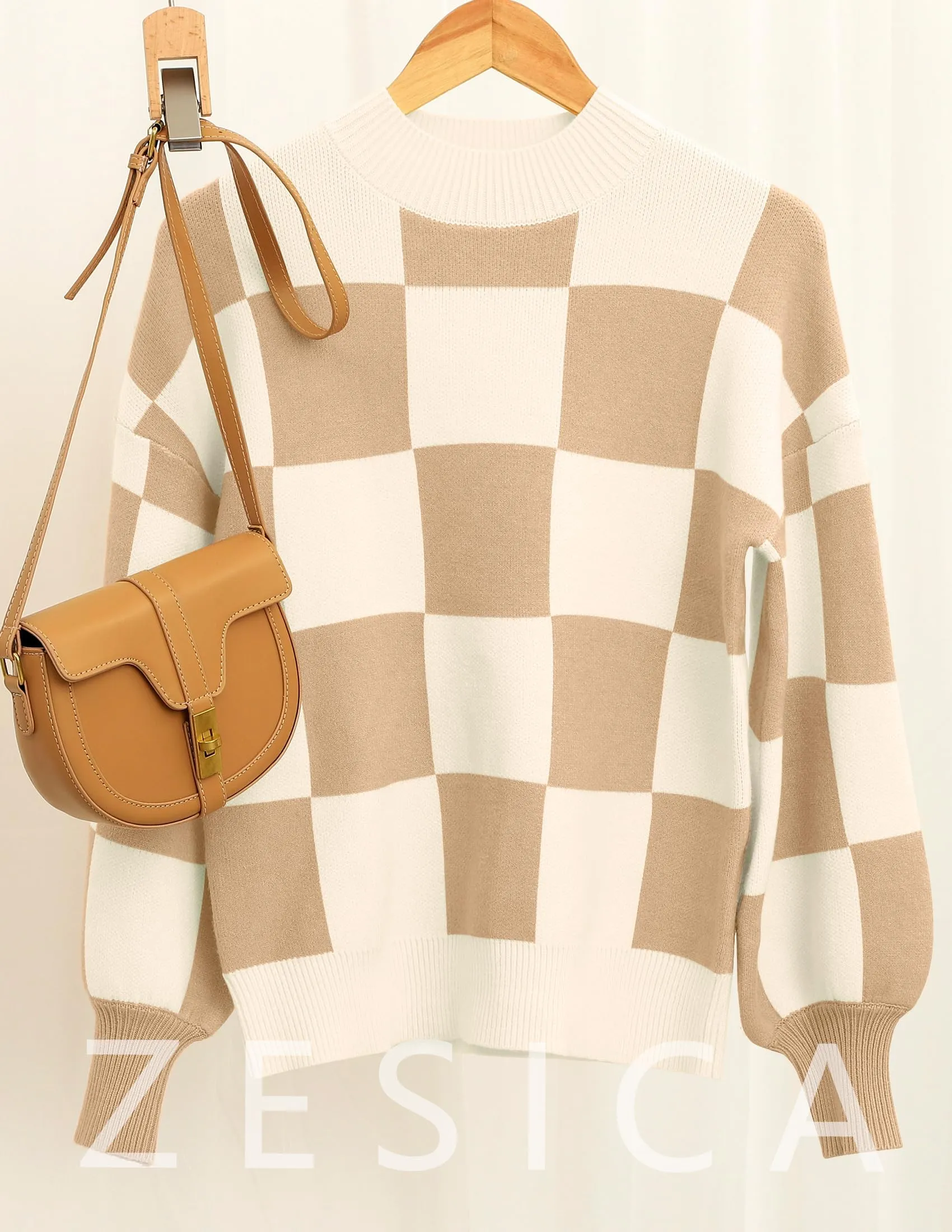 ZESICA Women's 2024 Fall Fashion Turtleneck Long Sleeve Striped Ribbed Knit Loose Pullover Sweater Tops,KhakiPlaid