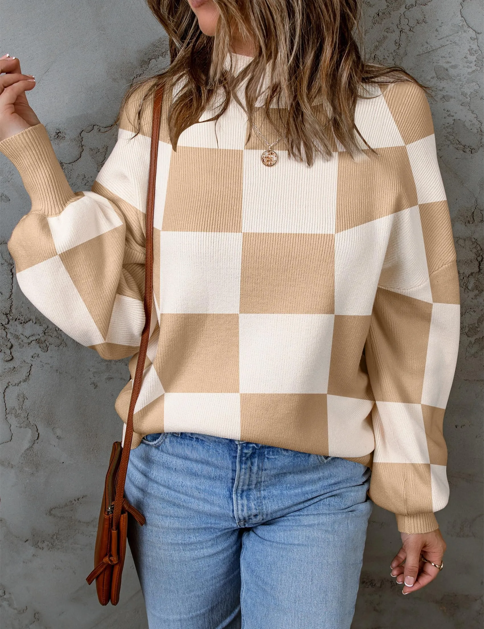 ZESICA Women's 2024 Fall Fashion Turtleneck Long Sleeve Striped Ribbed Knit Loose Pullover Sweater Tops,KhakiPlaid
