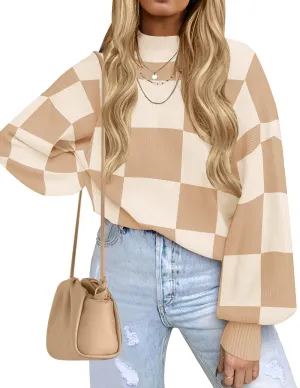 ZESICA Women's 2024 Fall Fashion Turtleneck Long Sleeve Striped Ribbed Knit Loose Pullover Sweater Tops,KhakiPlaid