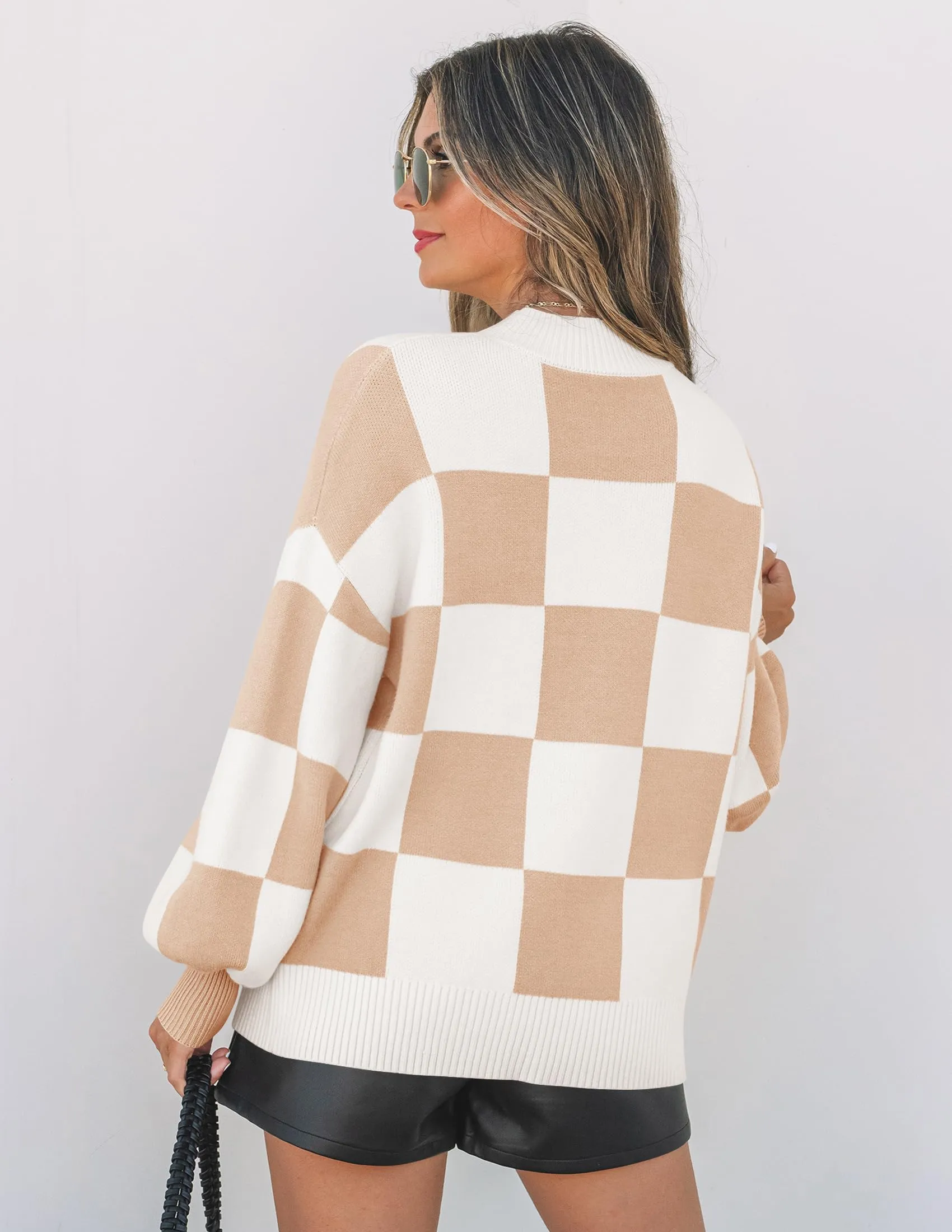 ZESICA Women's 2024 Fall Fashion Turtleneck Long Sleeve Striped Ribbed Knit Loose Pullover Sweater Tops,KhakiPlaid
