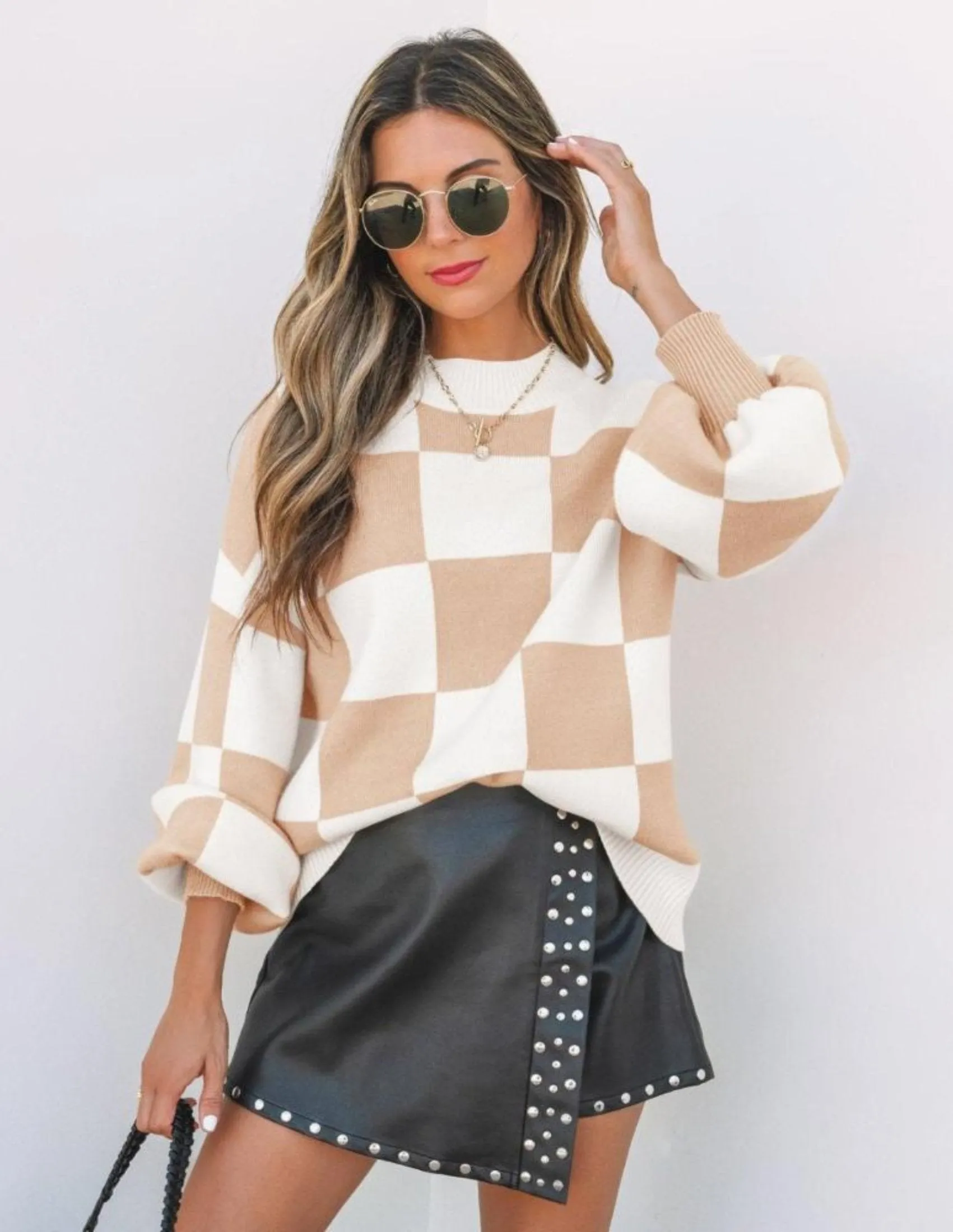 ZESICA Women's 2024 Fall Fashion Turtleneck Long Sleeve Striped Ribbed Knit Loose Pullover Sweater Tops,KhakiPlaid