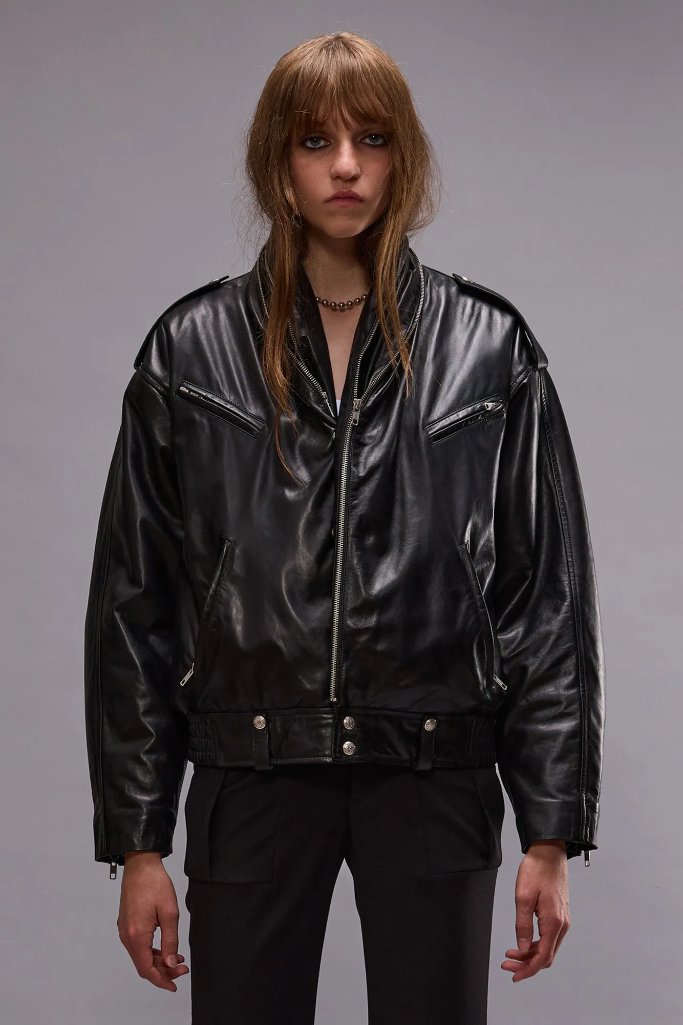 ZIP COLLAR MOTORCYCLE JACKET - BLACK