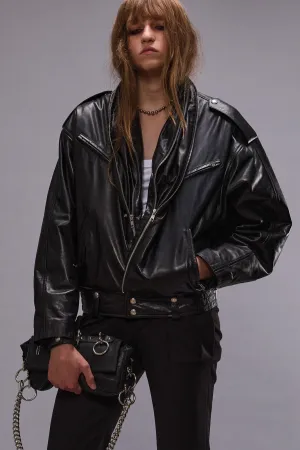 ZIP COLLAR MOTORCYCLE JACKET - BLACK